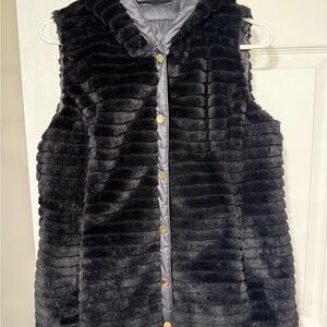 Charter Club Reversable Black Faux Fur Vest with Gold Accents